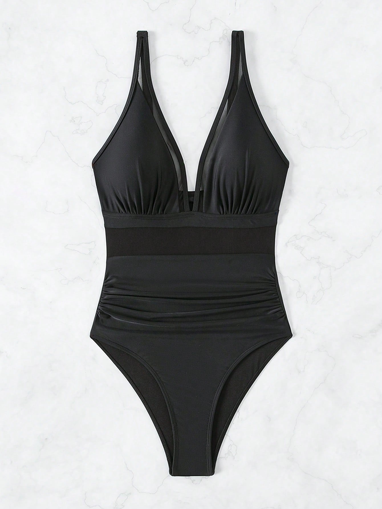 Swim Basics Summer Beach One Piece Mesh Contrast Swimsuit