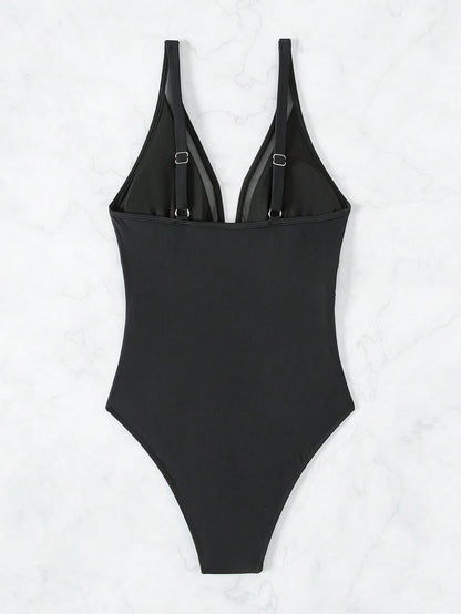 Swim Basics Summer Beach One Piece Mesh Contrast Swimsuit