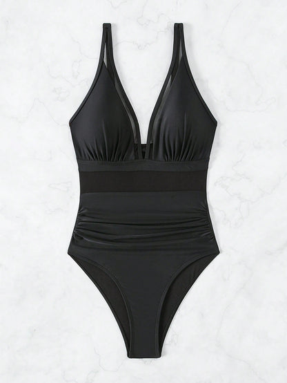 Swim Basics Summer Beach One Piece Mesh Contrast Swimsuit